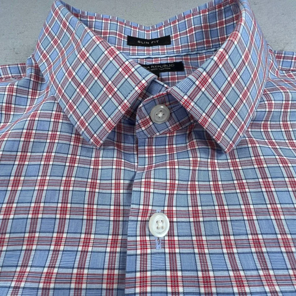 Banana Republic Mens XL Slim Fit Non-Iron Cotton Plaid Button Up Shirt Blue Red